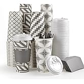 LITOPAK 100 Pack 20 oz Paper Coffee Cups with Lid, Sleeve, and Straws, Four Designs of Disposable Hot Coffee Cups for Home, Stores, and Cafes