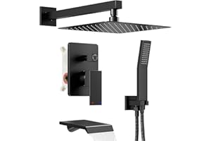 HomGoo Shower System with Tub Spout, All Metal Tub Shower Faucet Set with 10'' Rain shower heads and handheld spray combo,Wall Mounted Tub Shower Systems with Valve and Trim Kit, Matte Black