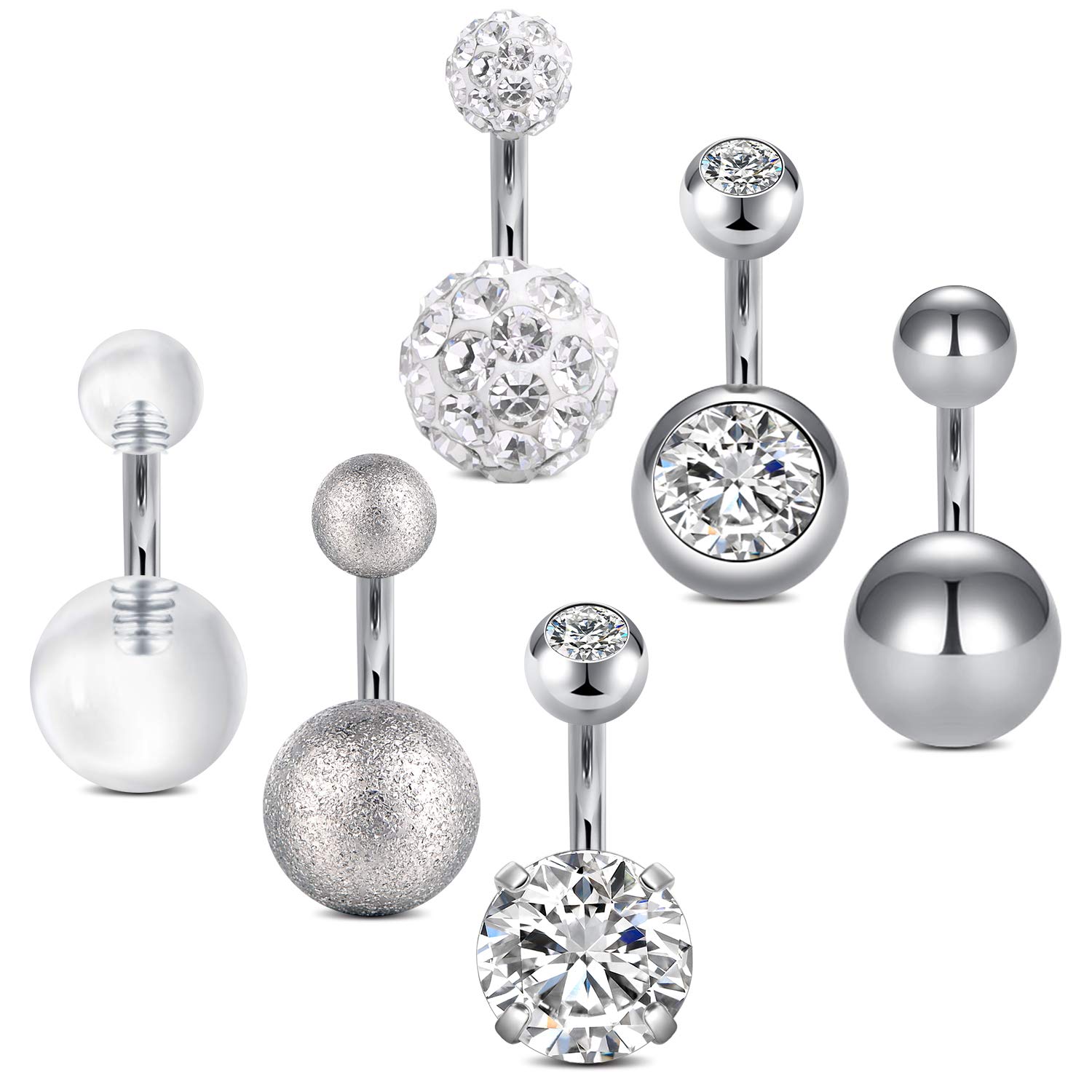 AceFun Belly Gold Piercing Short Belly bar 1/4 Inch 14G Surgical Steel Navel Rings Silver Body Piercing Jewelry for Women Girls with Clear Diamond CZ & Glow in The Dark 6Pieces 6mm