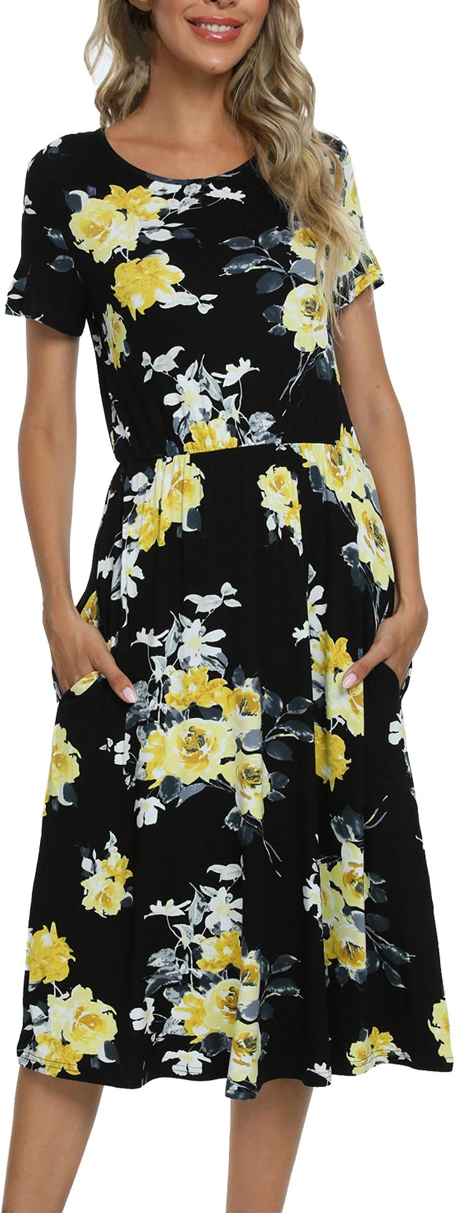 levaca Women's Casual Short Sleeve Striped Swing Midi Dress with Pockets