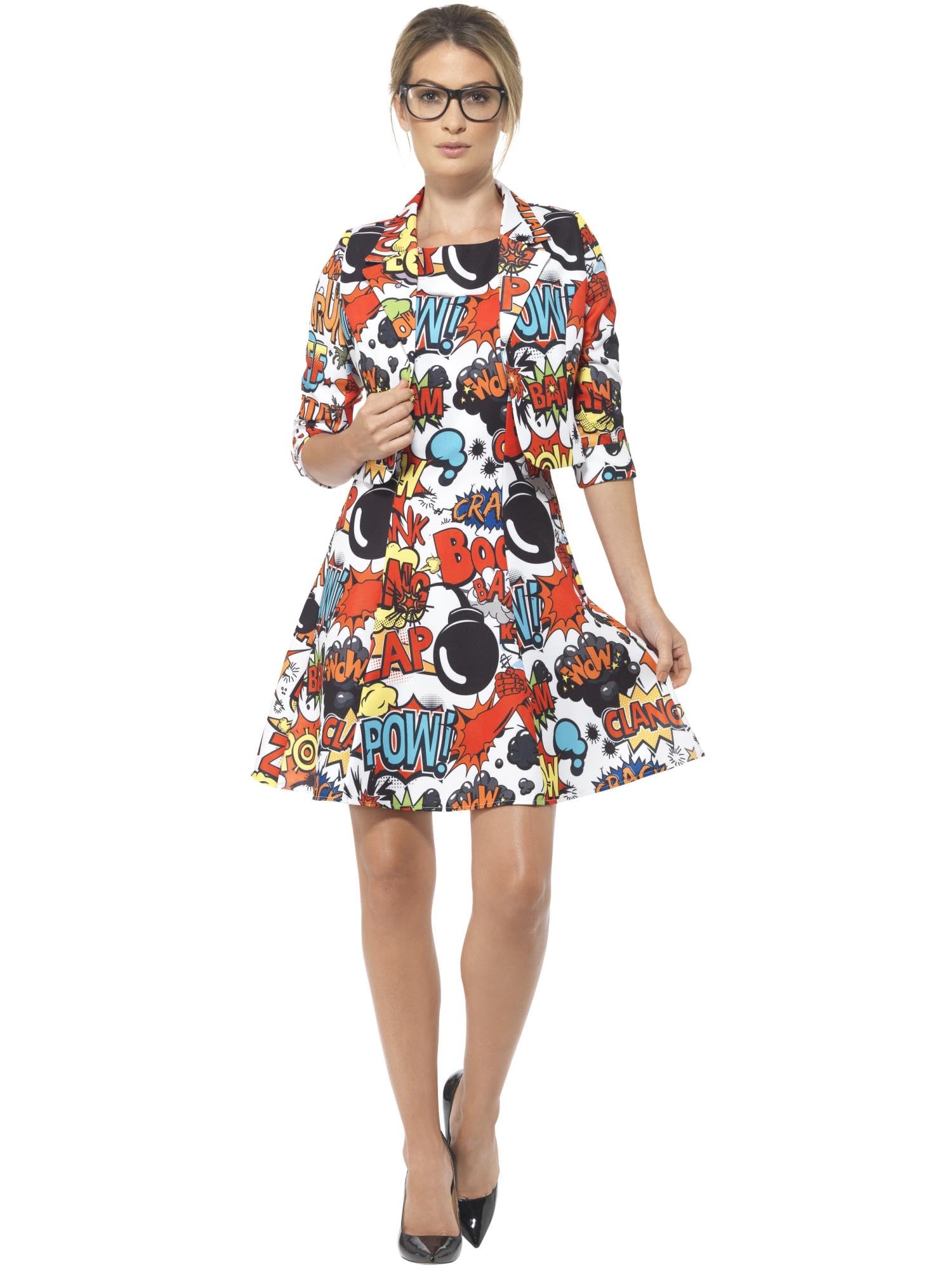 Smiffys Comic Strip Suit, Multi-Coloured with Jacket & Dress, Stand Out Suits Fancy Dress, Superhero Dress Up Costumes Halloween