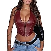 Floerns Women's Y2K PU Leather Halter Neck Hook Eye Backless Asymmetrical Party Crop Tank Top