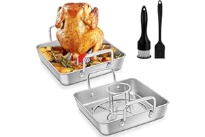 Roasting Pan with Beer Can Chicken Holder, Joyfair 9 inch Stainless Steel Square Roaster Baking Pans with Grill Racks & Riveted Handles for Oven Cooking BBQ Smoking, Heavy Duty & Dishwasher Safe (6)