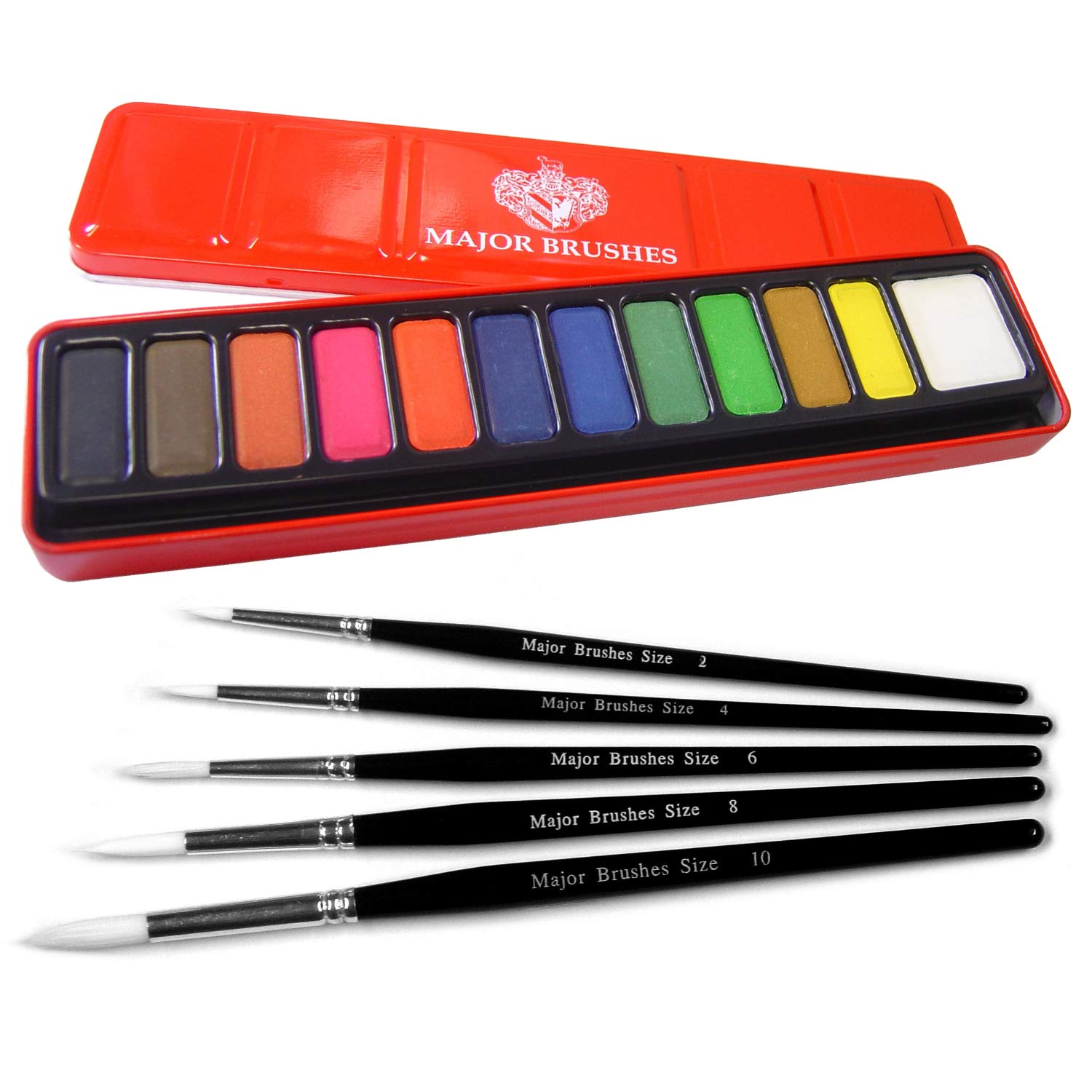 Major Brushes White Sable Round Brush Set of 5 Plus Artist Watercolour Paint Tin 12 Blocks Red Metal Lid