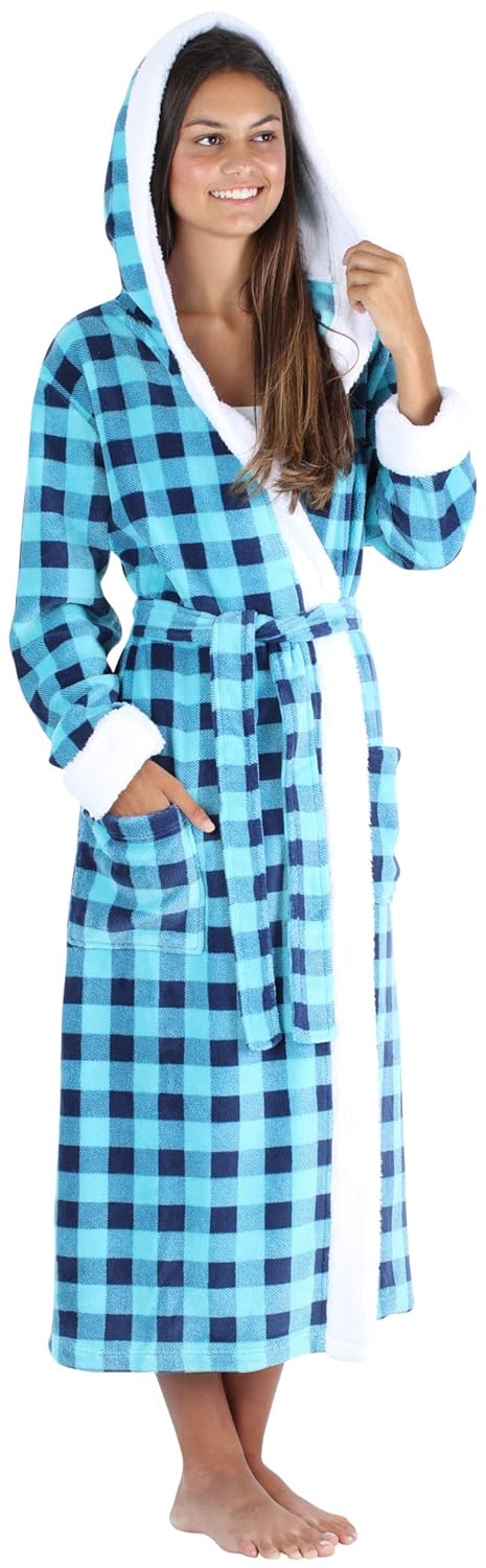 Frankie & Johnny Women's Fleece Robe Sherpa-Lined Hooded Bathrobe, Blue Plaid (FJ1447-1205-XL 