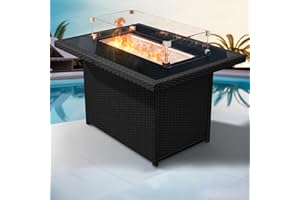 Yoyomax Hand Weave Rattan Propane Fire Pit Table 44-Inch Black Glass Top, 60,000 BTU Flame, Aluminum Frame, Wind Guard, Waterproof Cover & Fire Beads for Patio, Garden, Resto Hotel Outdoor Fire Table