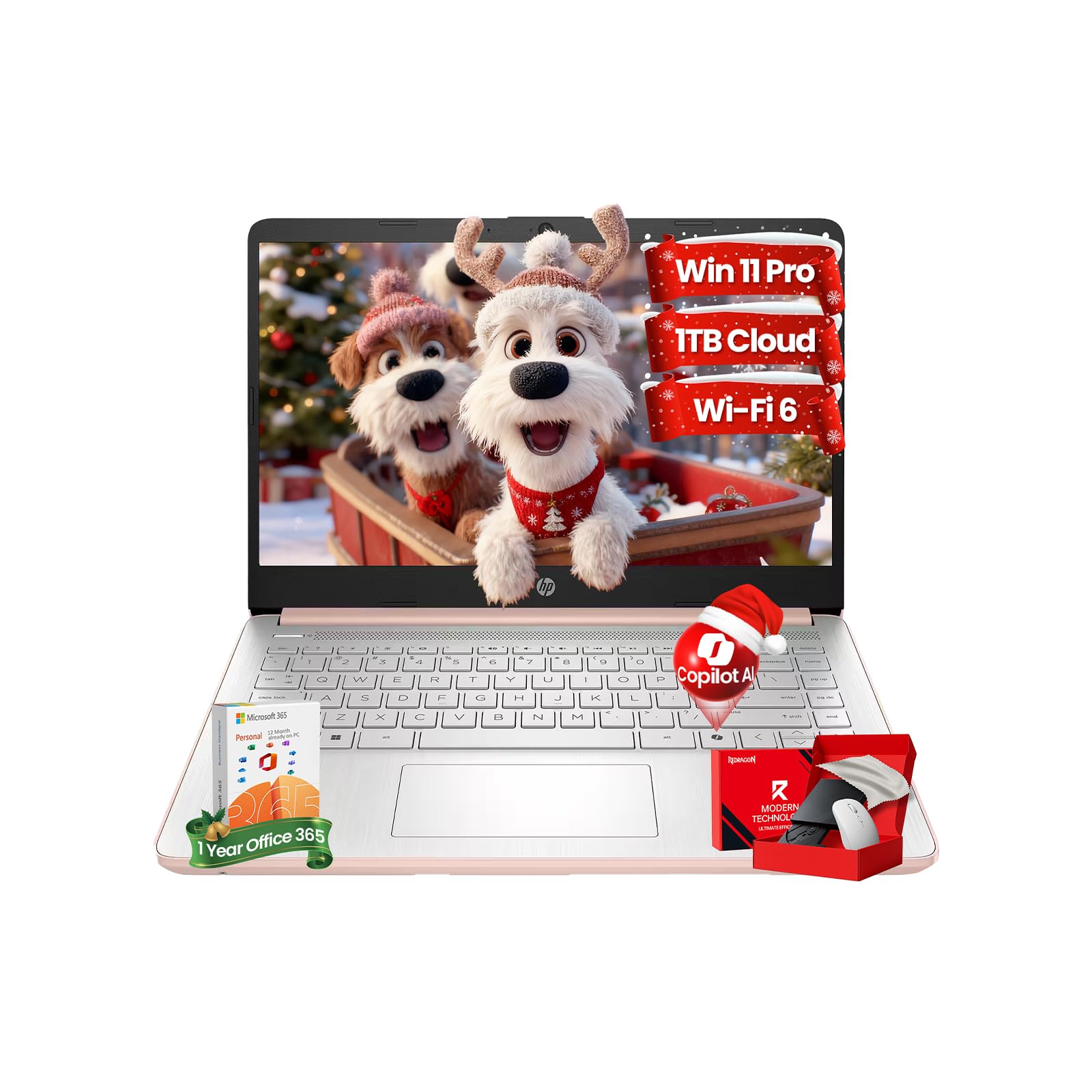HP 14" Laptop 2026 Student Business Slim Computer - Copilot AI, 1-Y Office 365, Intel Quad-Core CPU, 16GB RAM, 128GB UFS & 128GB SD Card w/Redragon Accessory, Wi-Fi 6, Win 11 Pro, Rosegold Image