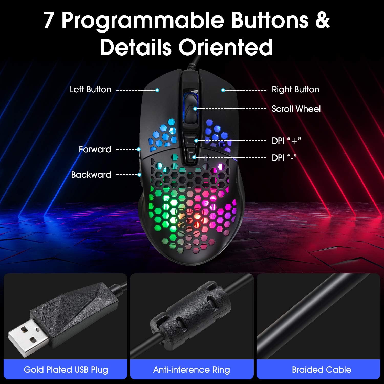 Lightweight Gaming Mouse, Wired USB PC Gaming Mice with Ultralight Honeycomb Shell, RGB Chroma LED Light, 6400 DPI Adjustable, Pixart 3325, Programmable 7 Buttons Mouse for Windows 7/8/10/XP: Computers & Accessories