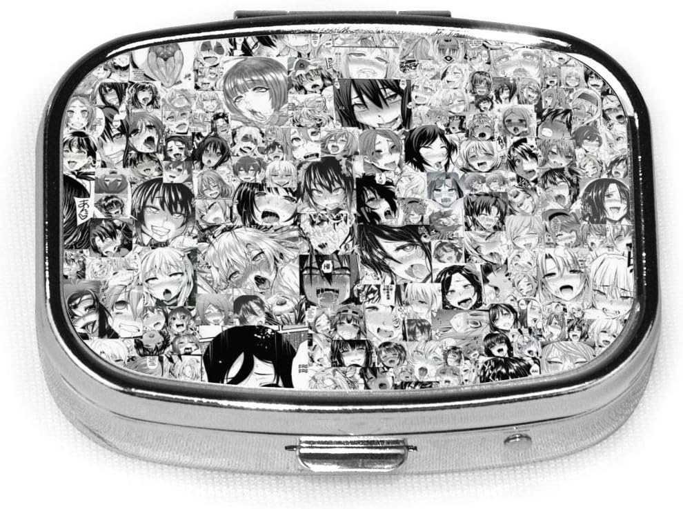 Pill Case Ahegao Anime Girl Pill Box Organizer Portable Travel Square Airtight Vitamin Pill Box for Purse Pocket Supplement Holder Medicine Container 2 Compartment