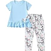 Kxuryueo 4-7T kids Girl Summer Outfit Short-Sleeve Bowknot Ruffled Hem Top and Floral Capri Pants Set