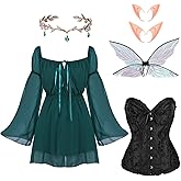 Funnysoft 6 Pcs Women Fairy Elf Costume Renaissance Medieval Forest Fairy Elf Dress Accessories for Halloween Cosplay Outfit