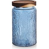 TkoYuHm Glass Mason Jars with Airtight lids Decorative Vintage Food Storage Container with Embossed Crabapple Blossom Clear Green Kitchen Canister for Coffee Tea Cookie (Blue Floral, Large)