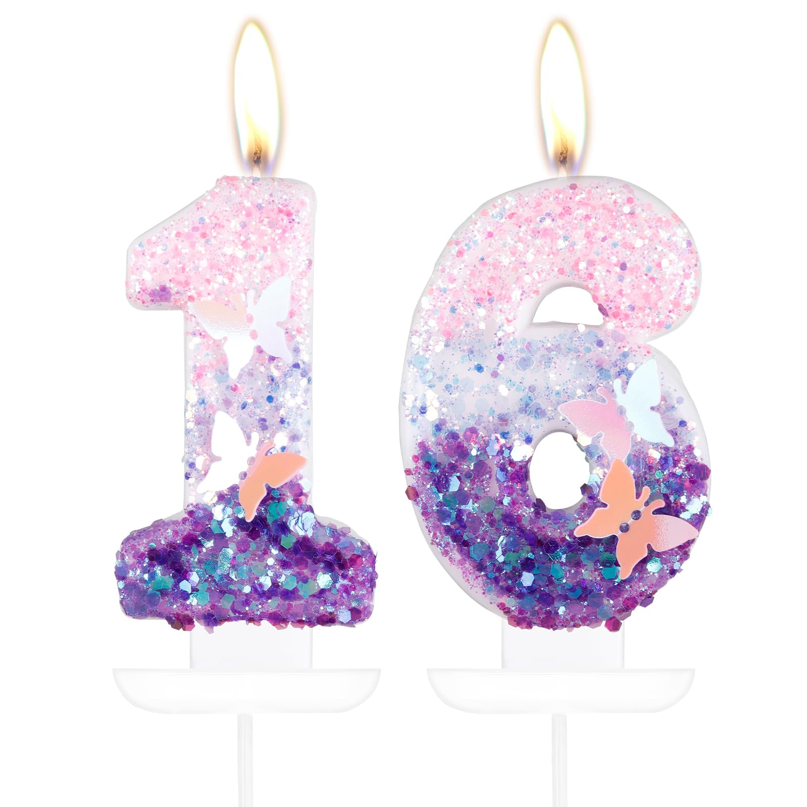 mciskin Butterfly Number 16 Candles for Cake, Purple Pink Butterfly 16th Birthday Cake Topper for Her,Girls 16th Birthday Decorations, Purple Pink 16 Candles for Party,Wedding,Baby Showers Supplies — image 1