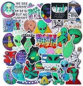 Barisc Laptop Stickers of Aliens, 50-Pack Vinyl Waterproof Graffiti Decals for Scrapbook Water Bottle Hydro Flask Bicycle Motorcycle Bumper Luggage Skateboard, UFO Alien Sticker Patches for Kids Teens