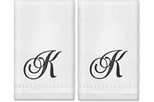 KLL Monogrammed Hand Towels Set - Letter Embroidered, Fingertip Towels for Bathroom - 100% Cotton, White, K, Set of 2