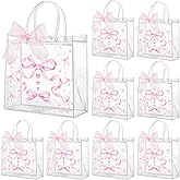 Wesnoy 24 Pcs Pink Bow Clear PVC Gift Bags with Handle Coquette Pink Bowknot Party Favor Candy Treat Tote Bags for Valentine's Day Christmas Birthday Party
