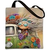 Funny Grandma Trip Tote Bag, Hippie Van Flower Power Canvas Bag, Two Sided Print Reusable Grocery Bags, Aesthetic Boho Shoulder Bags for Women, Retro Travel Gift Tote