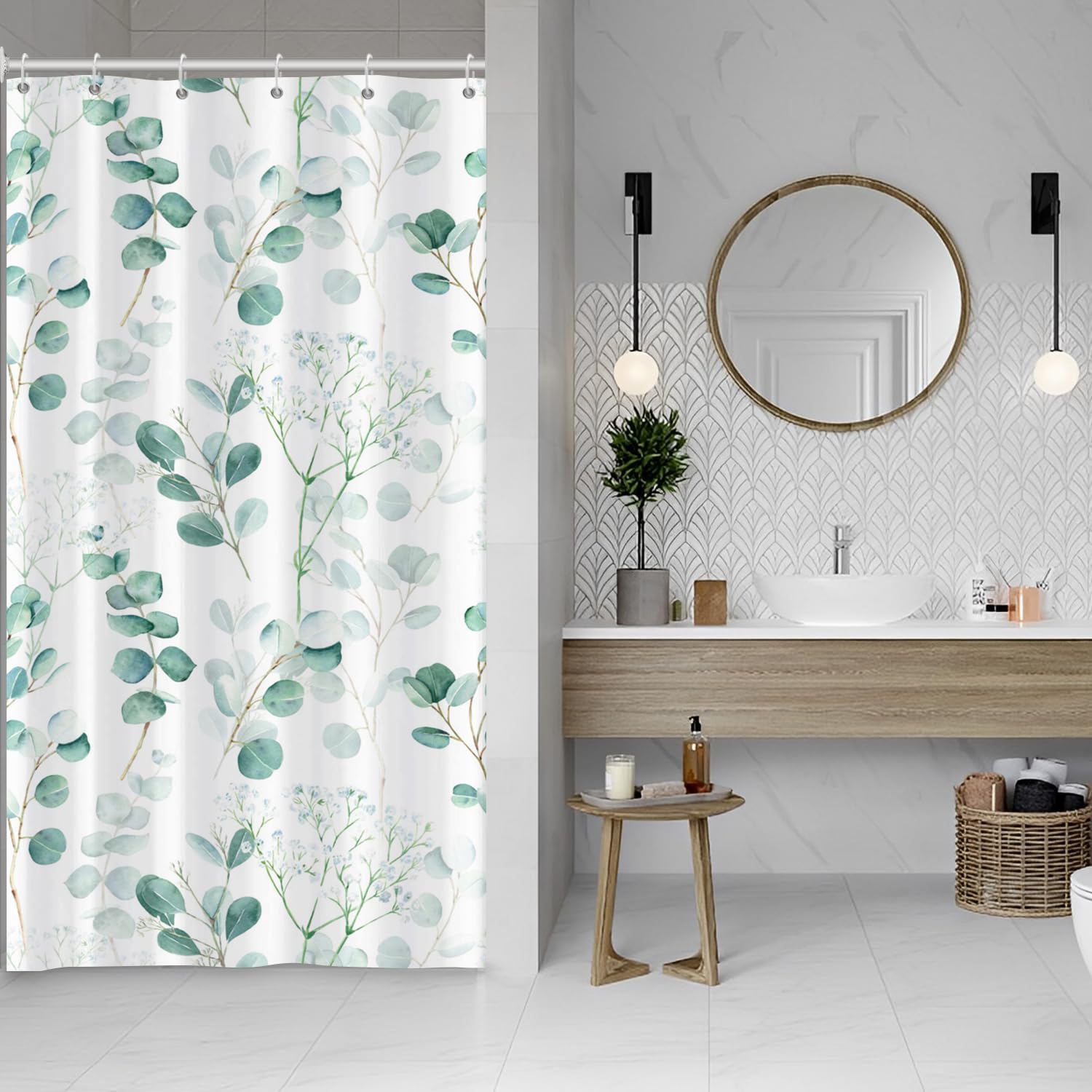 ASDCXZ Eucalyptus Leaves Shower Curtain 90x180 cm, Spring Turquoise Eucalyptus Leaves Flowers Bath Washable Narrow Shower Curtains Polyester Textile Waterproof Shower Curtain for Bathtub with 6 Hook — image 1