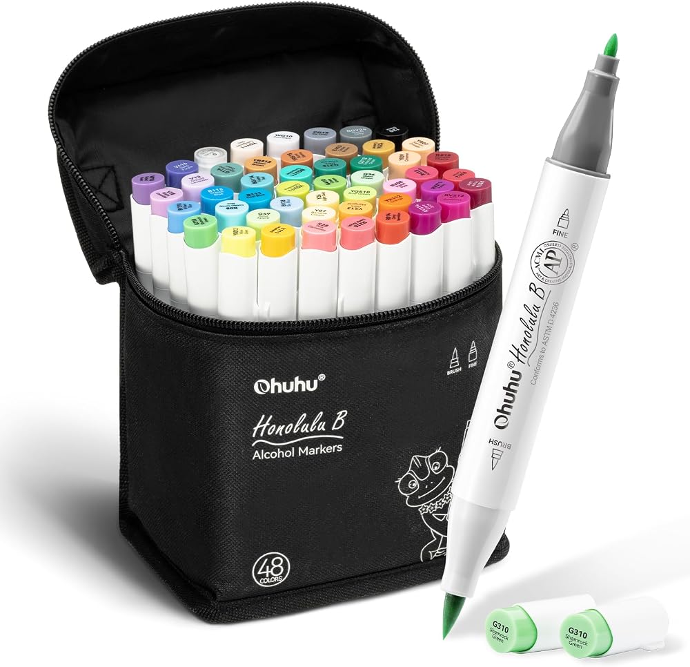 Ohuhu 48-Color Alcohol Marker Set Brush & Fine Tip Refillable AP Certified