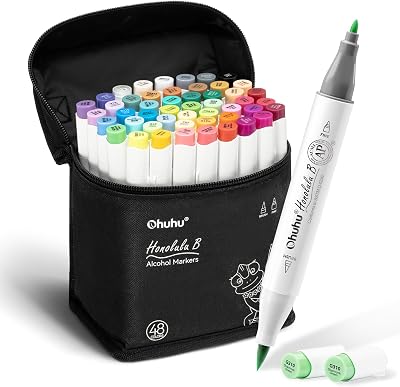 Ohuhu 48-Color Alcohol Marker Set Brush & Fine Tip Refillable AP Certified