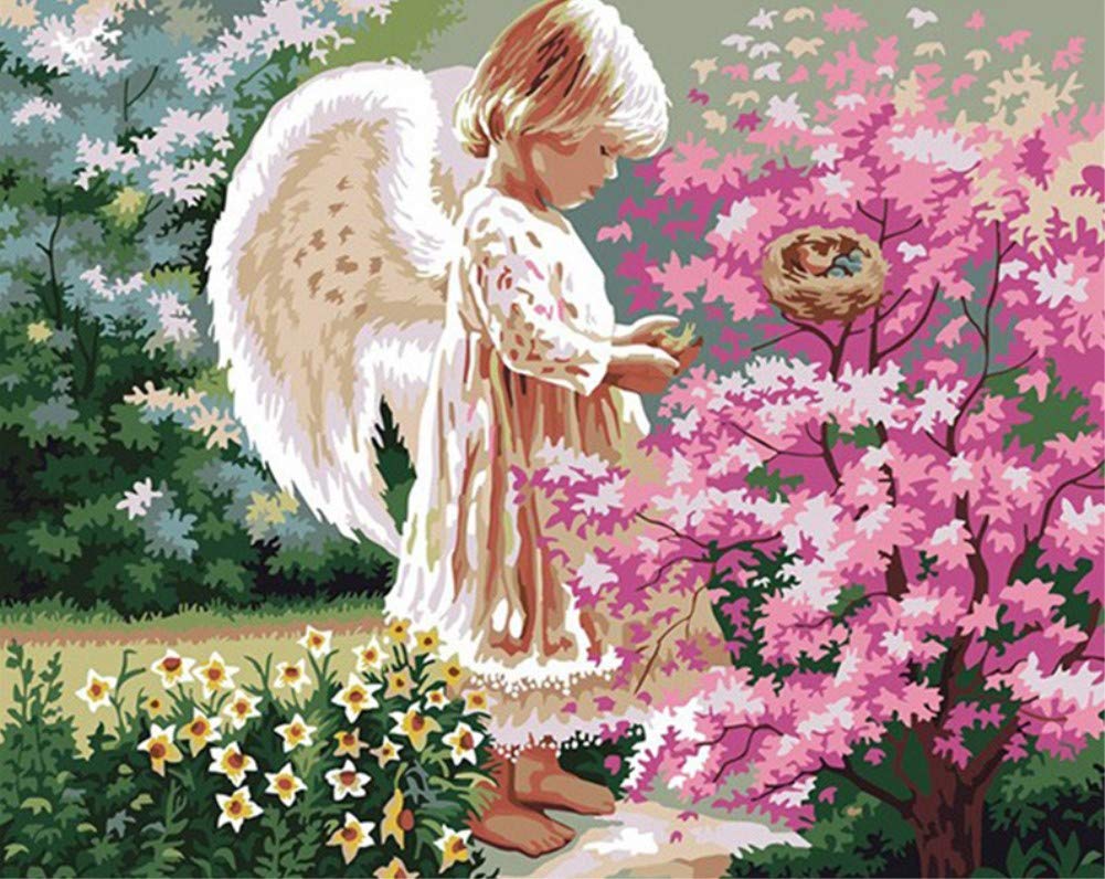 ABEUTY DIY Paint by Numbers for Adults Children, Angel Girl & Flowers in The Garden 16x20 inches Number Painting Art Therapy