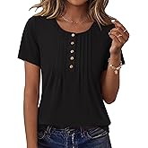 Rapbin Short Sleeve Shirts for Women Pleated Crewneck Cute Blouses Dressy Casual Elegant Tops Loose peasant Summer T-Shirts