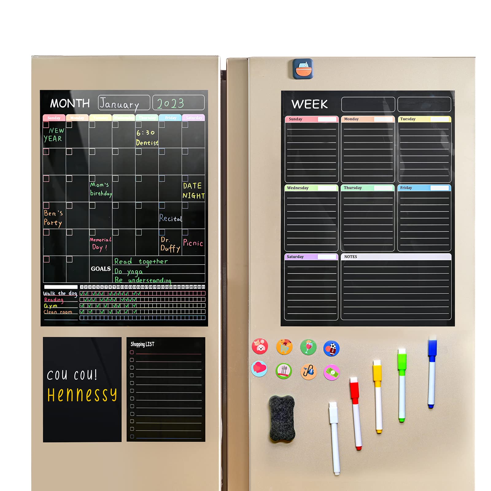 Torolle Large A3 Magnetic Weekly Planner Board for Fridge, Dry Erase Calendar for Fridge with Markers Monthly Weekly Daily Family Planner Meal Planner or Shopping List -Black