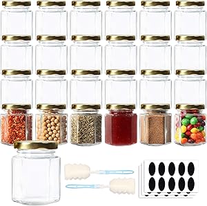 HWASHIN 24 Pack 3 oz Hexagon Glass Jars with Gold Lids, Honey Jars Small Spice Jars Mason Jars with 30pcs Labels and 2 Sponge Brushes for Jam, Baby Foods, Gifts, Wedding Party Favors