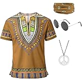 Inrajoper Mens 60s 70s Outfits 4 Pcs Hippie Costumes Colorful T-Shirt Accessories Set for Theme Party