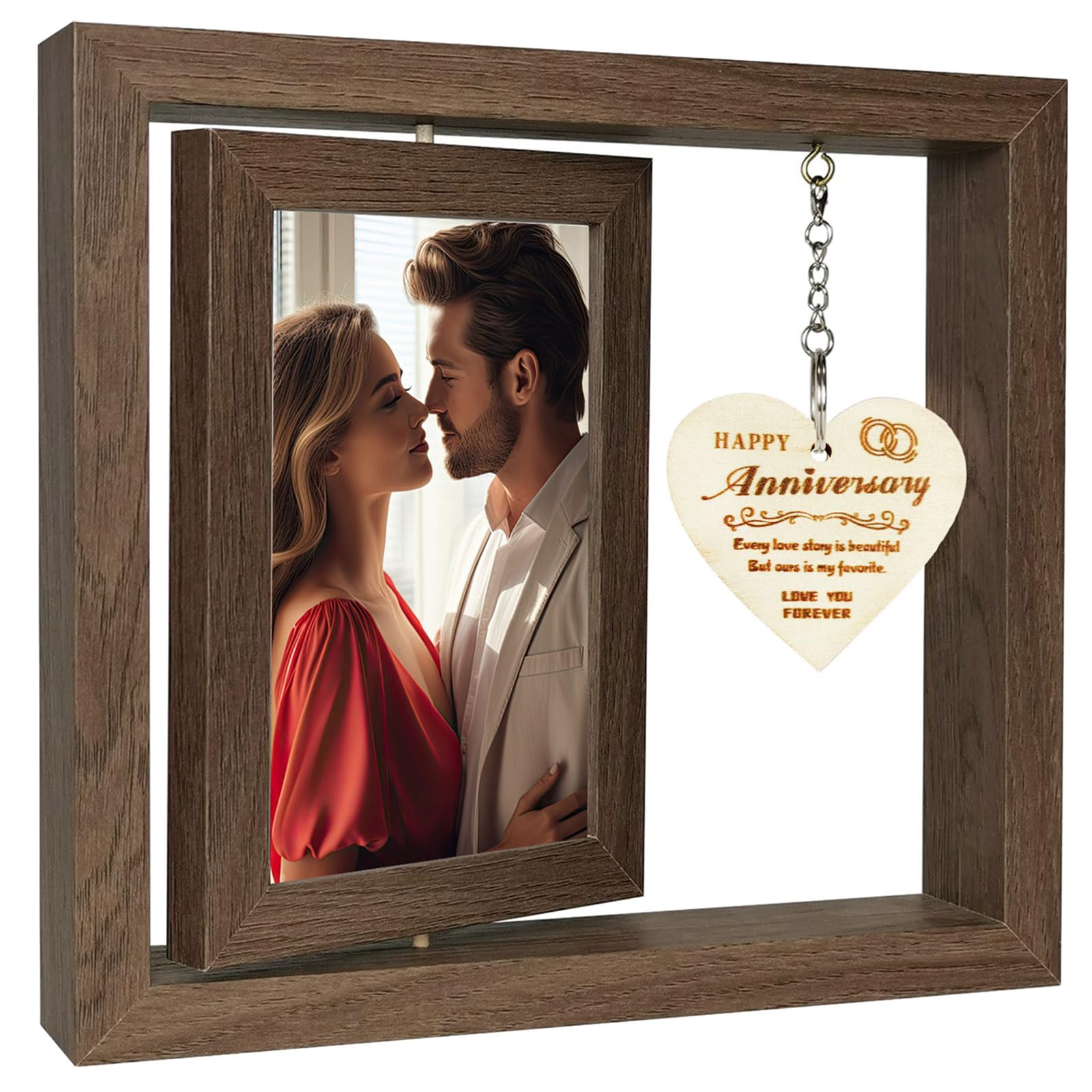 Fychuo Happy Anniversary Wooden Pendant Photo Frame - Double-Sided Rotating 4x6 In Frame for Couples, Wedding Gifts for Him and Her