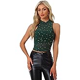 Allegra K Star Mesh Crop Top for Women's Metallic Mock Neck Sleeveless See Through Party Tank Top
