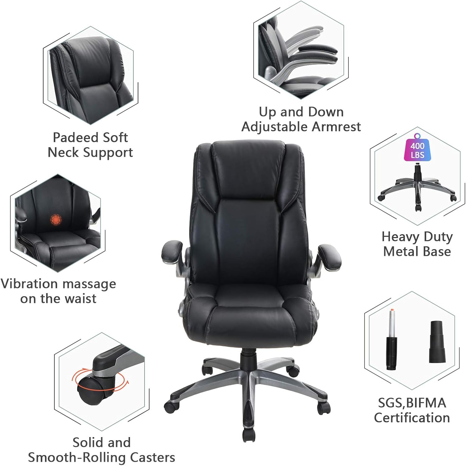 ALPHA HOME High Back Executive Chair Ergonomic Office Chair Managerial Computer Desk Chair Flip Up Armrest Big Tall Adjustable Height PU Leather Task Chair Rolling Swivel Chair-Capacity 400LBS: Kitchen & Dining