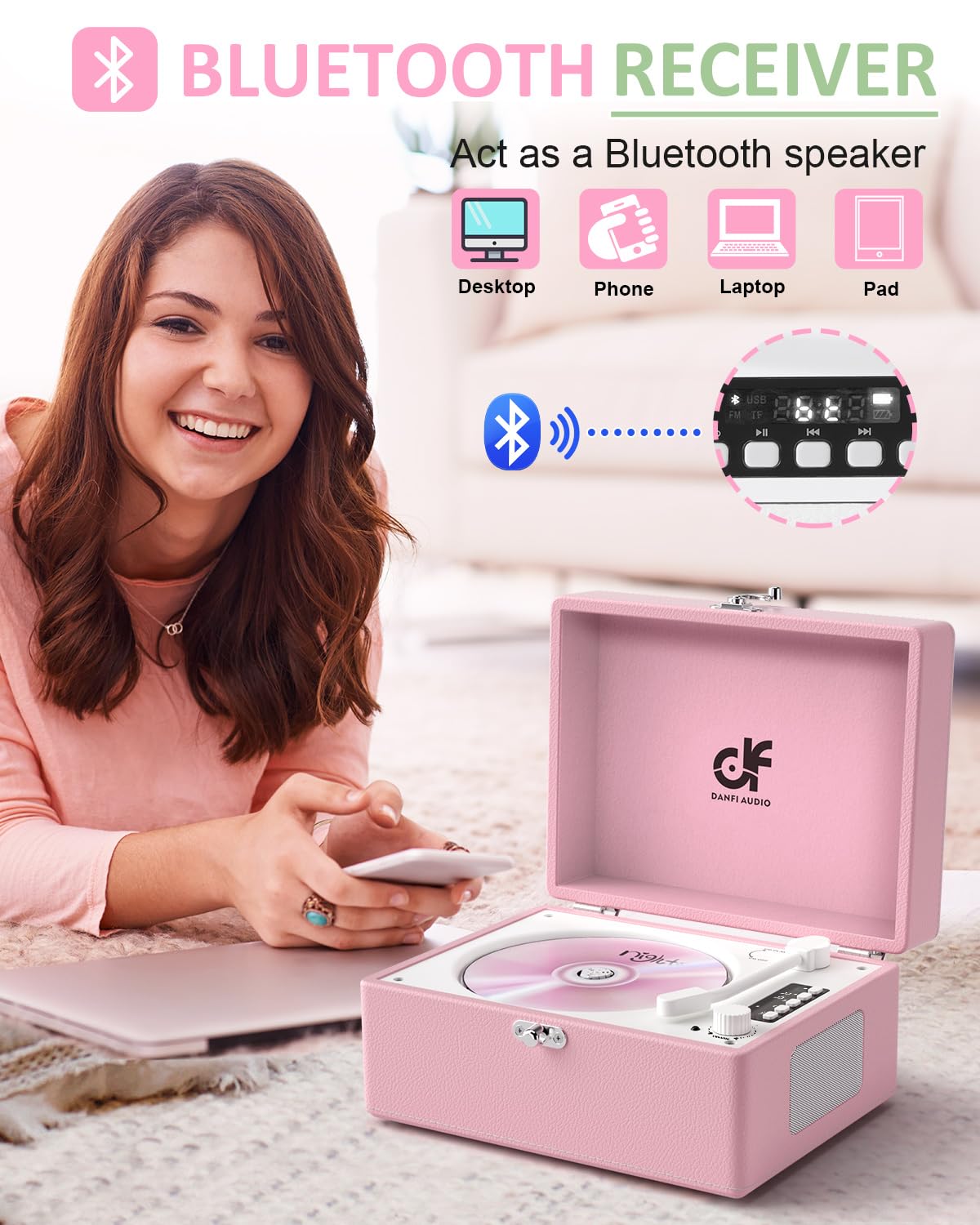 CD Player with Stereo Speakers, Wireless Bluetooth Input/Output Transmission, Rechargeable Battery, LED Screen USB Retro CD Player for Home