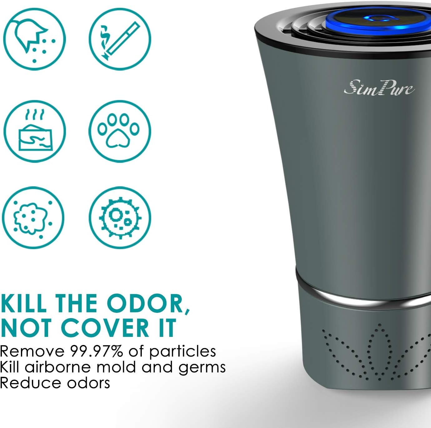 SimPure HC3 360° Car Air Purifier 4-Stage Filtration Air Cleaner, Captures PM2.5 Eliminate Allergens, Odor, Smoke, Pollen Mold USB Port Power with A Car Charger: Kitchen & Dining
