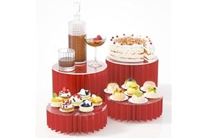 HeiMma 4 Pack Buffet Risers, Foldable Food Display Risers with Acrylic Disc, Dessert Table Display Set, Cardboard Paper Cupcake Cake Stand for Party Cylinder Stands for Parties Drink Collectibles Jewelry Figures, Multi-height, Red