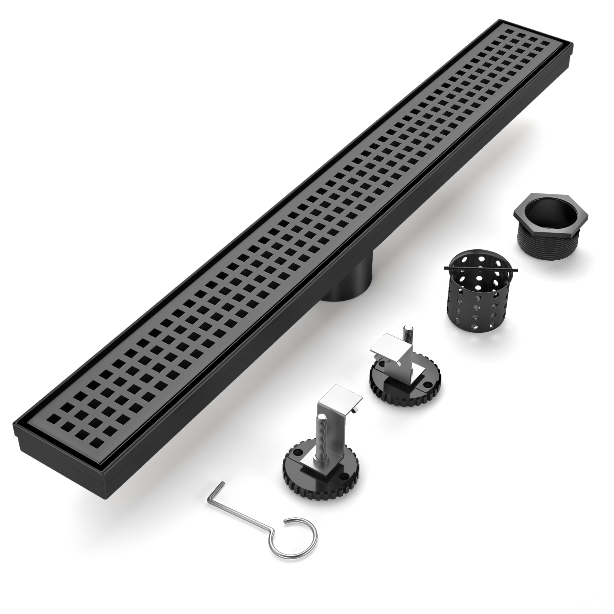 Photo 1 of 18-Inch Matte Black Linear Shower Drain, 304 Stainless Steel Long Linear Drain with Quadrato Pattern Grate, Rectangle Shower Floor Drain with Adjustable Feet, Hair Strainer, Fits Bathroom, Balcony