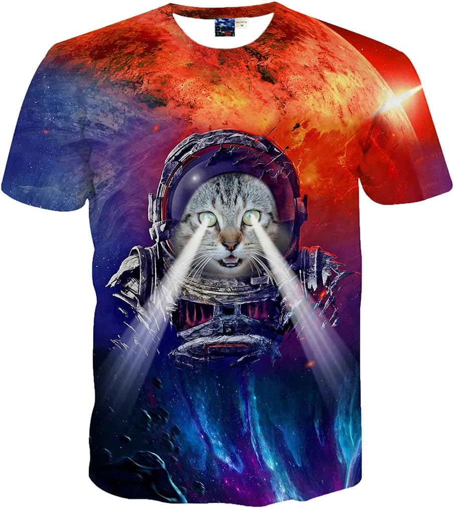 YonBii Men's T-Shirt 3D Print Space Cat Summer Short Sleeve Fashion Tees