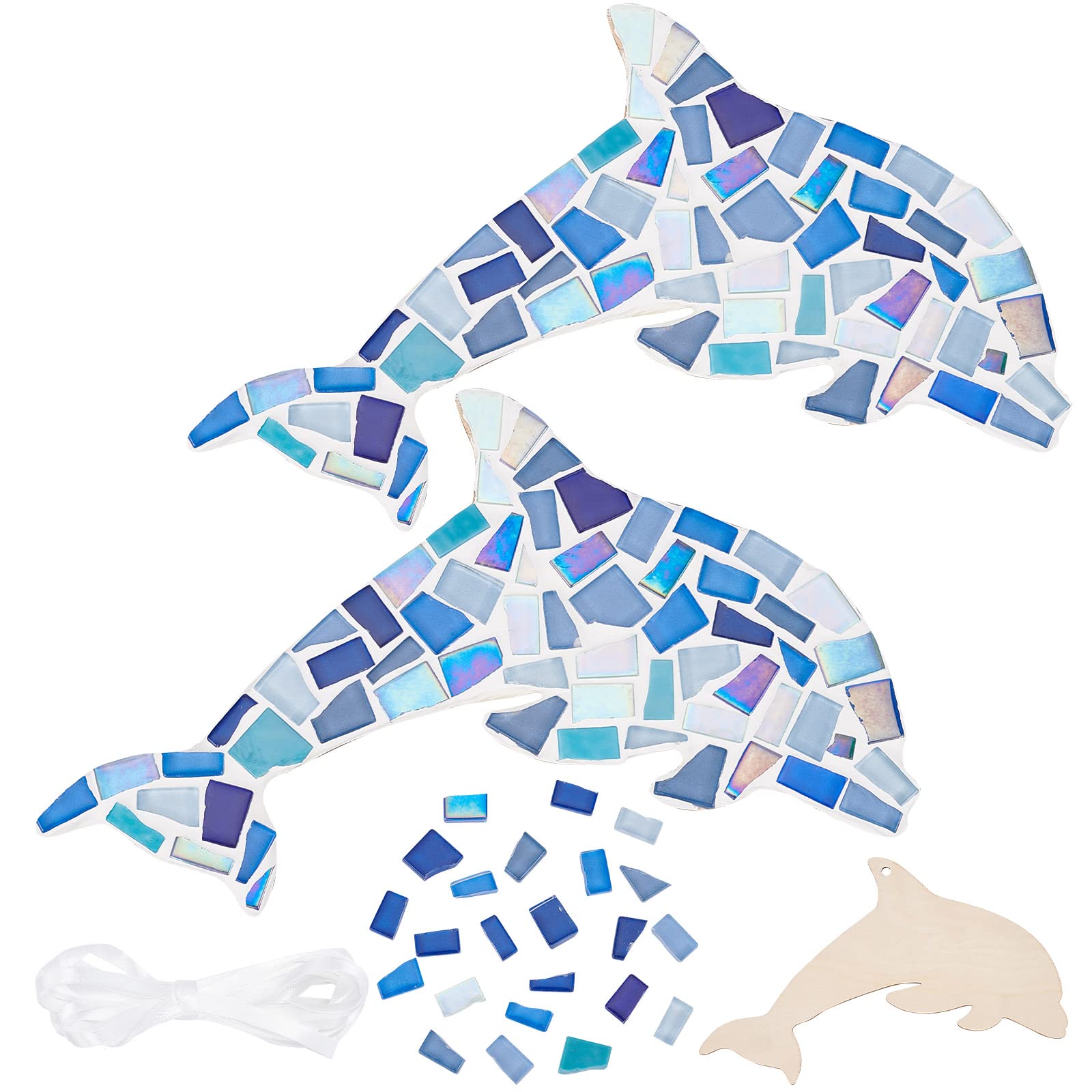 WEBEEDY 2 Sets Dolphin Glass Mosaic Kit DIY Mosaic Kit Art and Craft Kit for Adults Include Glass Mosaic Tiles, Wooden Chips, Ribbon, Make Your own Crafts