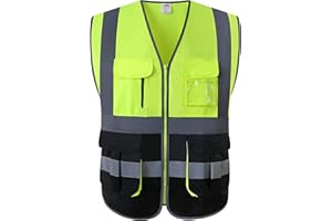 JKSafety 7 Pockets High Visibility Zipper Front Safety Vest With Reflective Strips.Meets ANSI/ISEA Standards (130-Yellow-Black L)