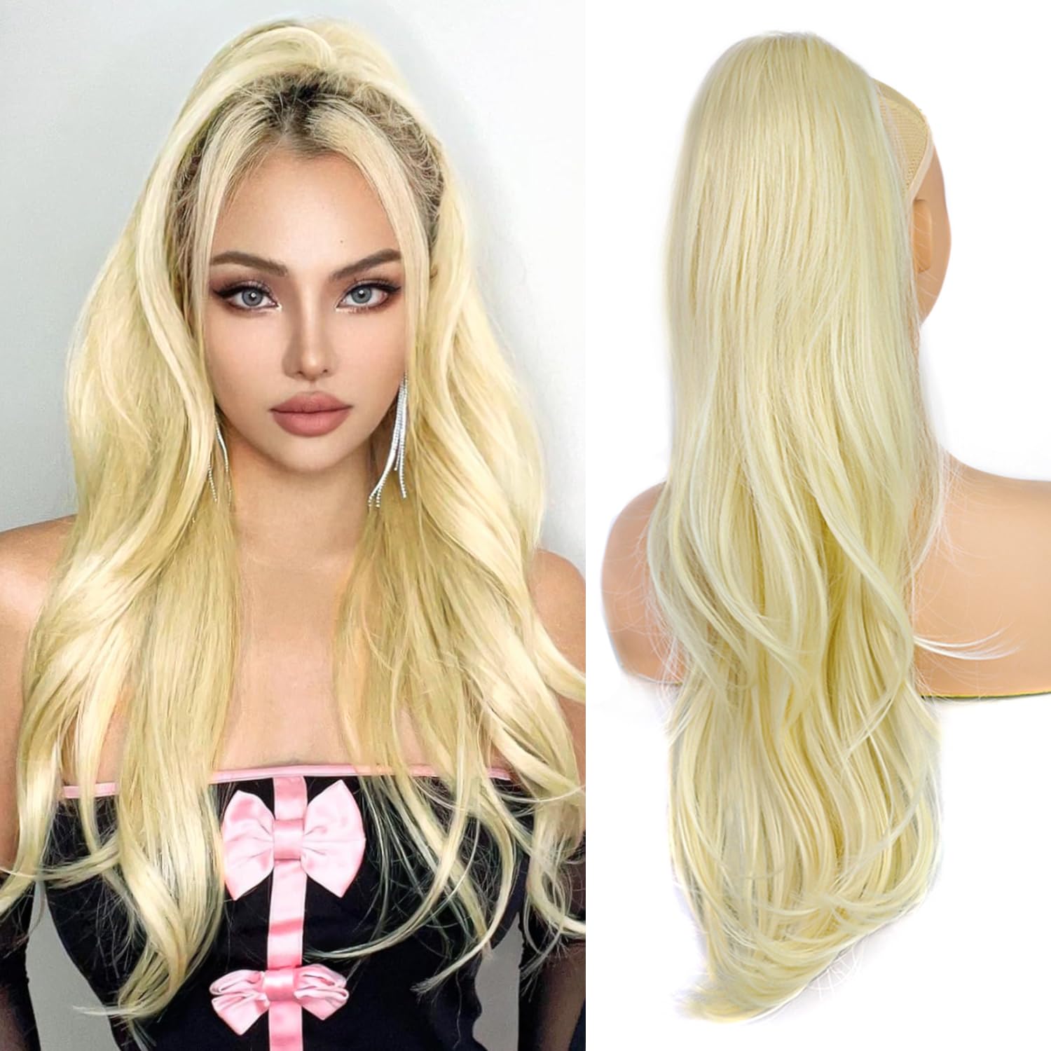 PORSMEER Ponytail Extension,Drawstring Ponytail Hair Extensions Blonde Colour 26 Inch Long Natural Straight Wavy End Synthetic Hairpiece for Women Girls Daily Use — image 1