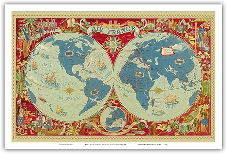 Amazon 世界地図 プレニスフェア フランス Lucien Boucher によるビンテージイラストマップ C 1950 マスターアートプリント 30 48cm X 45 72cm アートフレーム ポスター オンライン通販