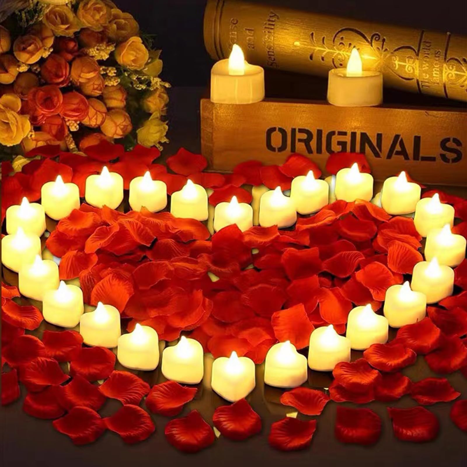 Editbar Pack of 24 Heart-Shaped LED Tea Lights, 2000 Artificial Rose Petals, Suitable for Wedding Decoration