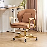 Furniliving Leather Office Chairs, Gold Office Chair, Adjustable Swivel Computer Chair with Golden Legs and Wooden Padded Armrest, Modern Upholstered Task Chair with Wheels,Brown