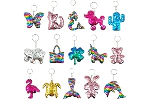 GuassLee 15Pcs Flip Sequin Keychain for Kids Girls Party Favors, Backpack Unicorn Mermaid Keychains Bulk for Kids Classroom Carnival Prizes Goody Bag Stuffers Easter Presents Birthday Party Gifts