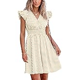 CUPSHE Women's Mini Dress V Neck Flutter Sleeve Striped Smocked Waist A Line Short Summer Cocktail Dress