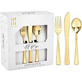 WDF 120 PCS Gold Plastic Silverware - Heavy Duty Gold Disposable Utensils | Disposable Flatware Set Includes 40 Forks, 40 Spoons, 40 Knives - Plastic Cutlery for Party/Birthday/Wedding/Thanksgiving