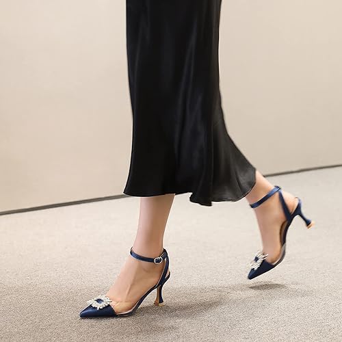 Susanny Women's Wedding Heels Navy Blue Rhinestone Clear Heels