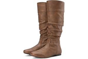 Rollda SUEDI Women's Slouchy Knee High Boots Pull On Flat Boots Side Zipper Fall Boots for Women