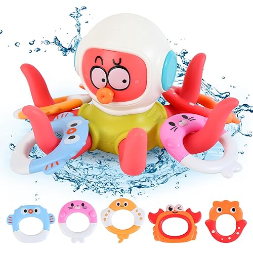 Hanmulee Octopus Hoopla Floating Baby Bath Toys, Includes 5 Styling Throwing Soft Rubber Rings, No Hole Design Fun Bathtub Water Toys, Sensory Bath Toys Gifts for Age 2 3 4 5+ Years Old Kids Toddlers
