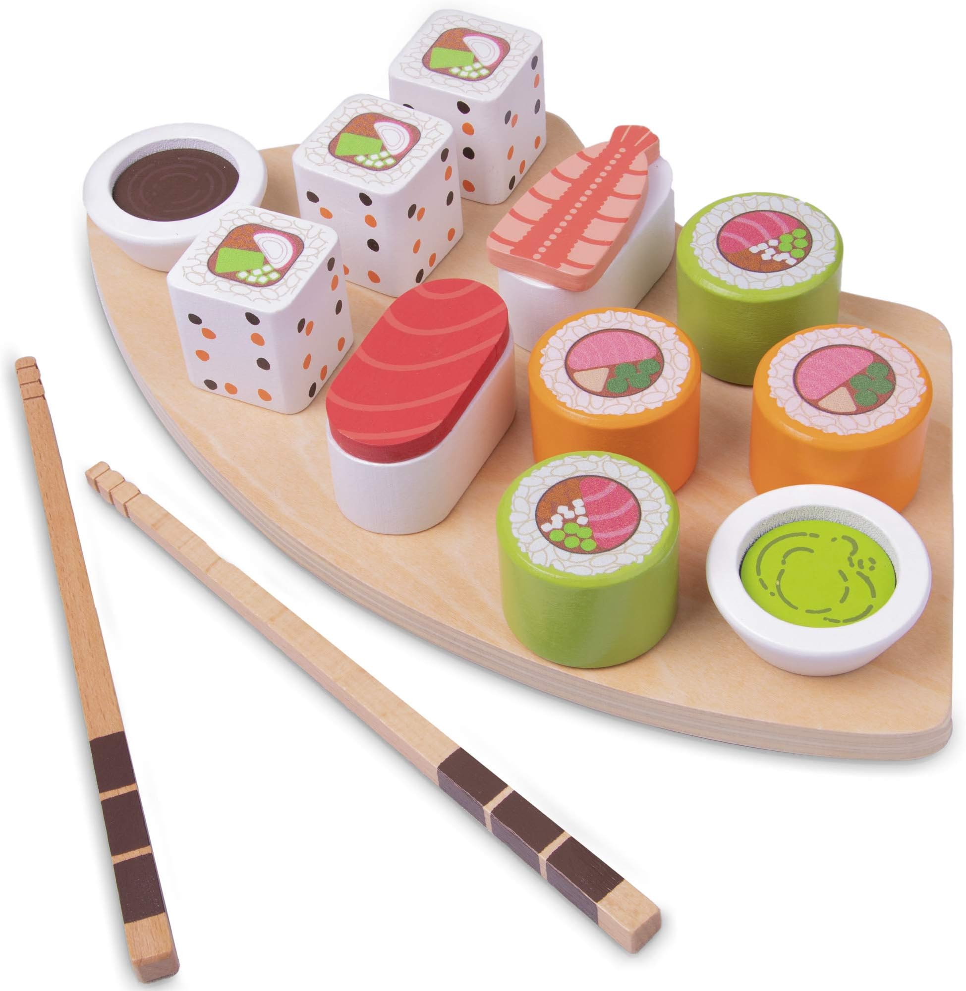14-piece Sushi Play Food Playset | I Love Sushi Wooden Toys and Serving Tray with Rolls, Sashimi, Chopsticks, and Wasabi | Kids/Toddler Pretend Kitchen Accessory | Early Development Educational Gift